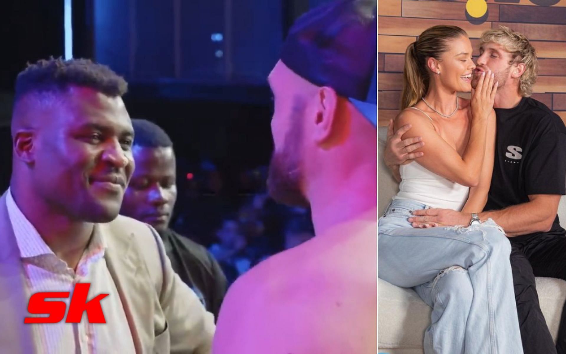 Francis Ngannou vs. Tyson Fury face-off (left - via Queensberry), Nina Agdal and Logan Paul (right - via @loganpaul)