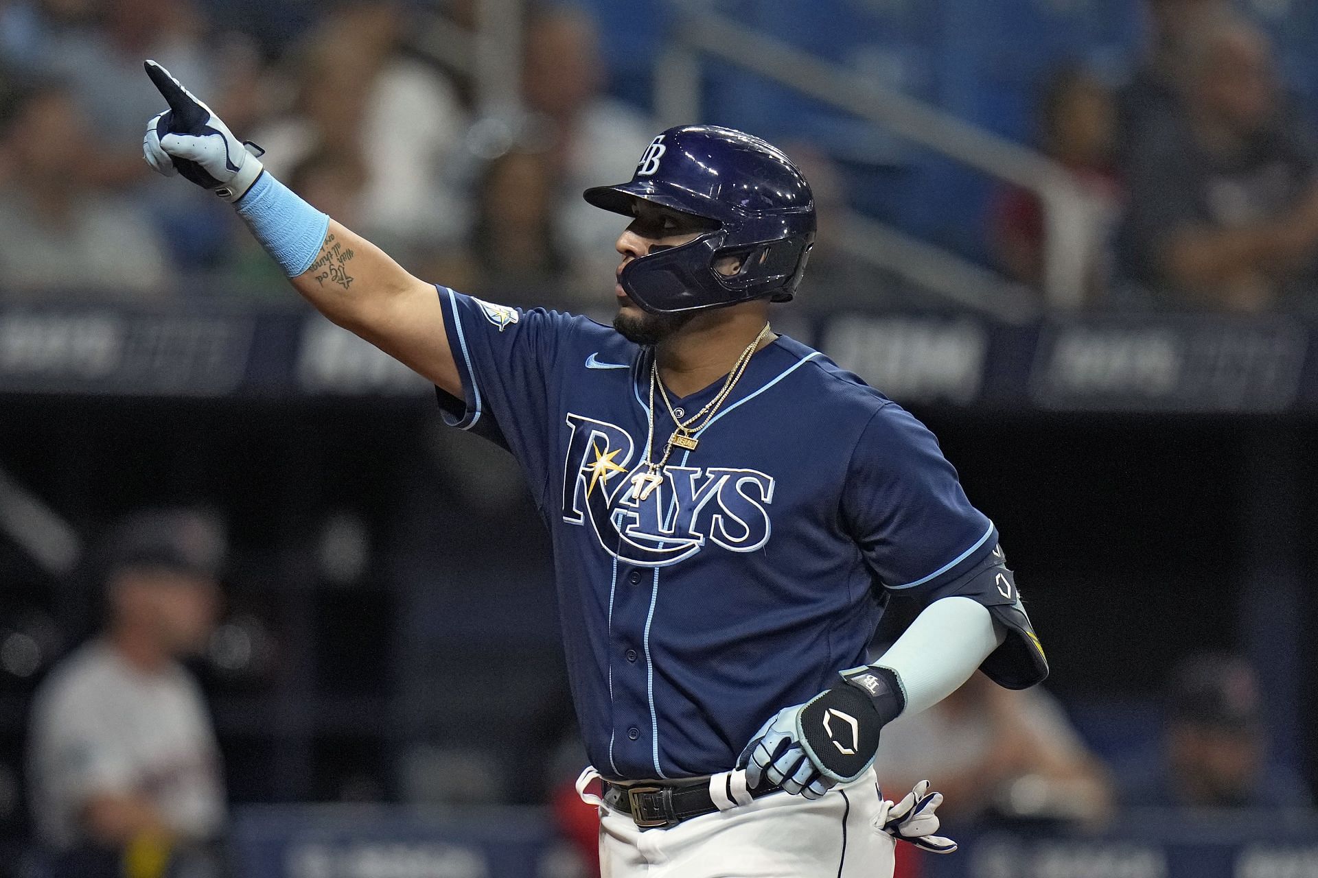 Jose Siri of the Tampa Bay Rays reacts after grounding out during