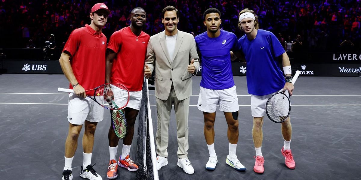 (From left to right) Tommy Paul, Frances Tiafoe, Roger Federer, Arthur Fils, and Andrey Rublev