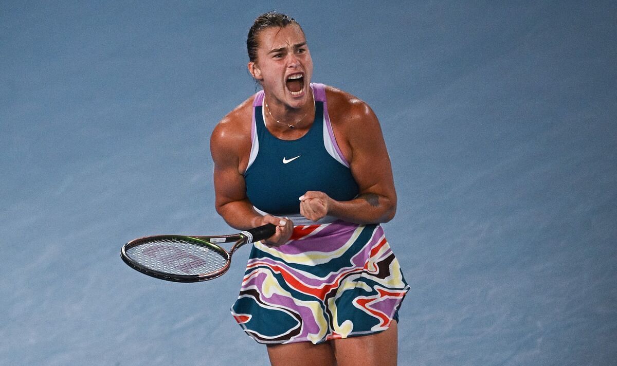 Aryna Sabalenka celebrates at the 2023 Australian Open