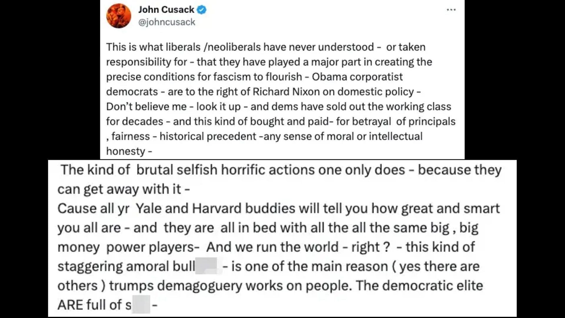 Screenshot of John Cusack&#039;s X post blasting off the Democratic Party.