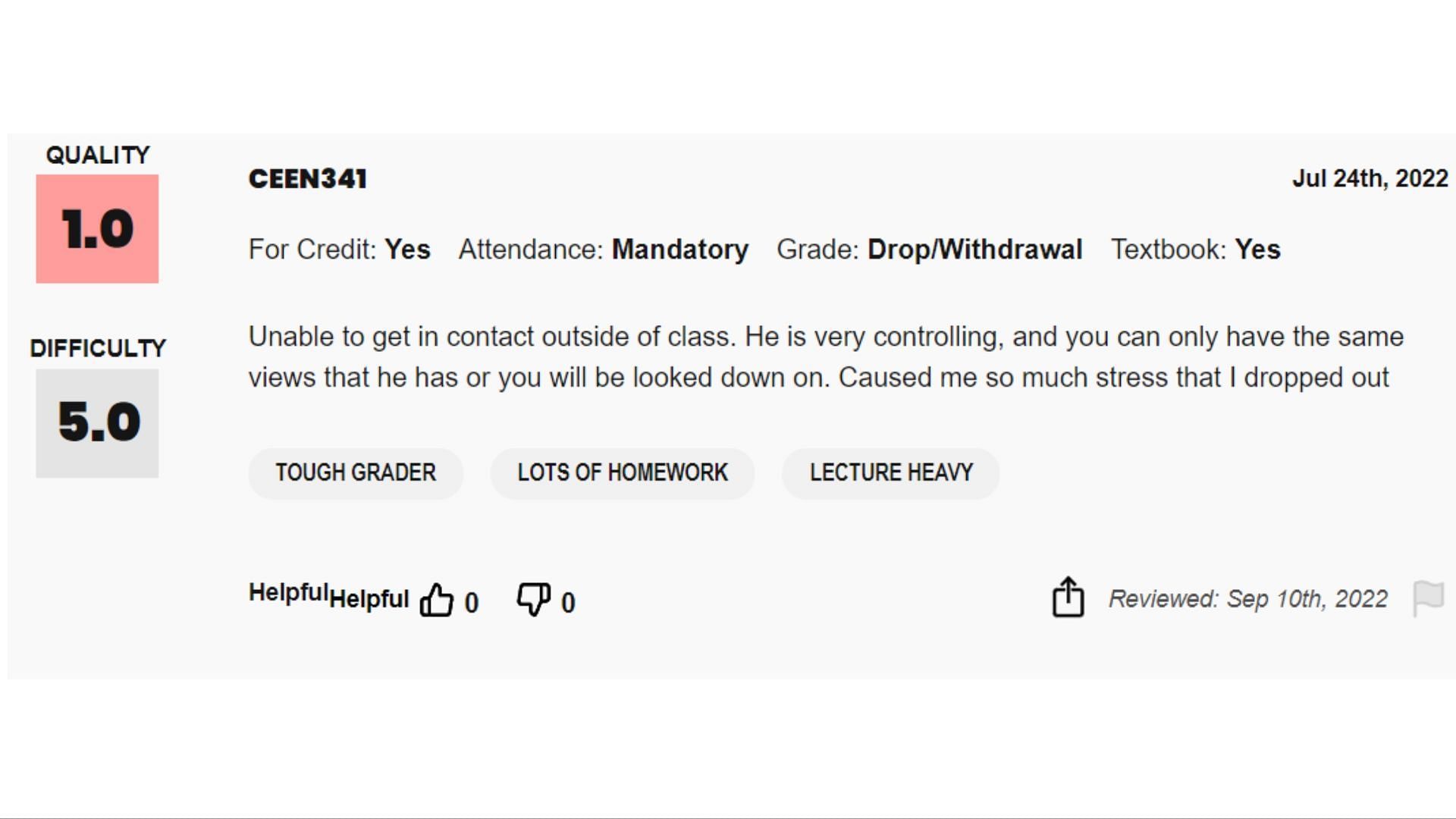 A student tags Kevin as a controlling professor. (Image via Rate My Professors)
