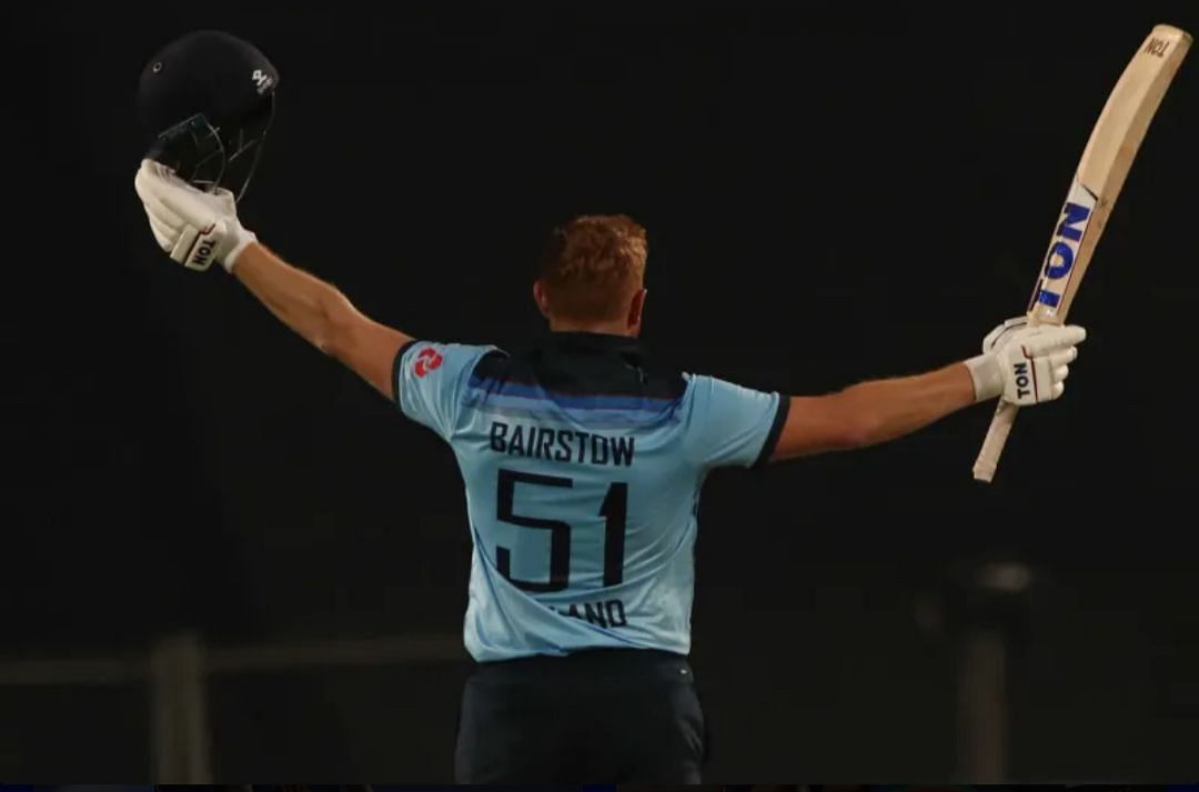 Jonny Bairstow raising his bat after a hundred vs India in Pune [Getty Images]