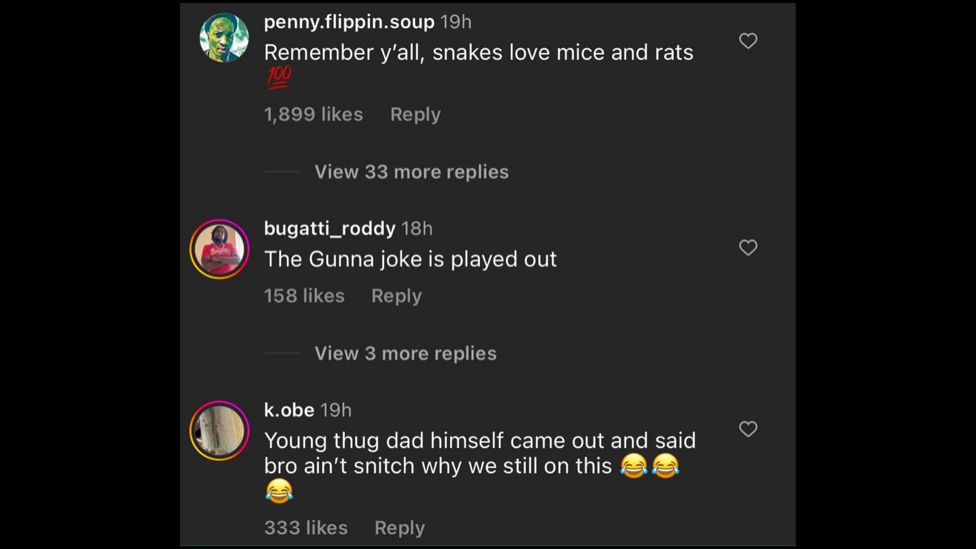 Screenshot of Internet users remarking on Prince Jr.&#039;s videos holding a rat named &quot;Gunna.&quot; (Photo via @theshaderoom/Instagram)