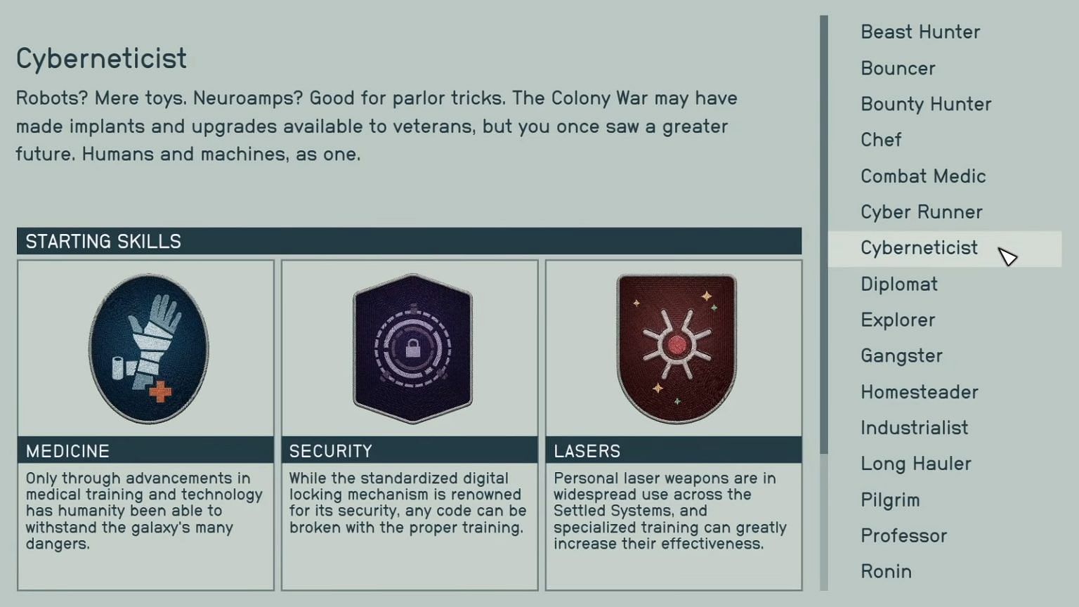 Starting skills of Cyberneticist background (Image via Bethesda)