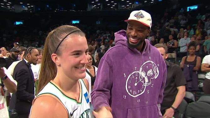 Watch: Sabrina Ionescu playfully embraces Nets star Mikal Bridges after claiming franchise record in Game 1 against Mystics