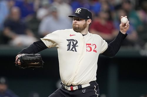 Texas Rangers starting pitcher Jordan Montgomery throws to the Seattle Mariners in Arlington