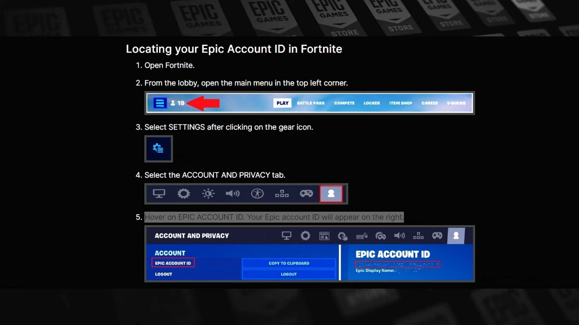 Locating your Epic ID in Fortnite. (Image via Codelife/YouTube)