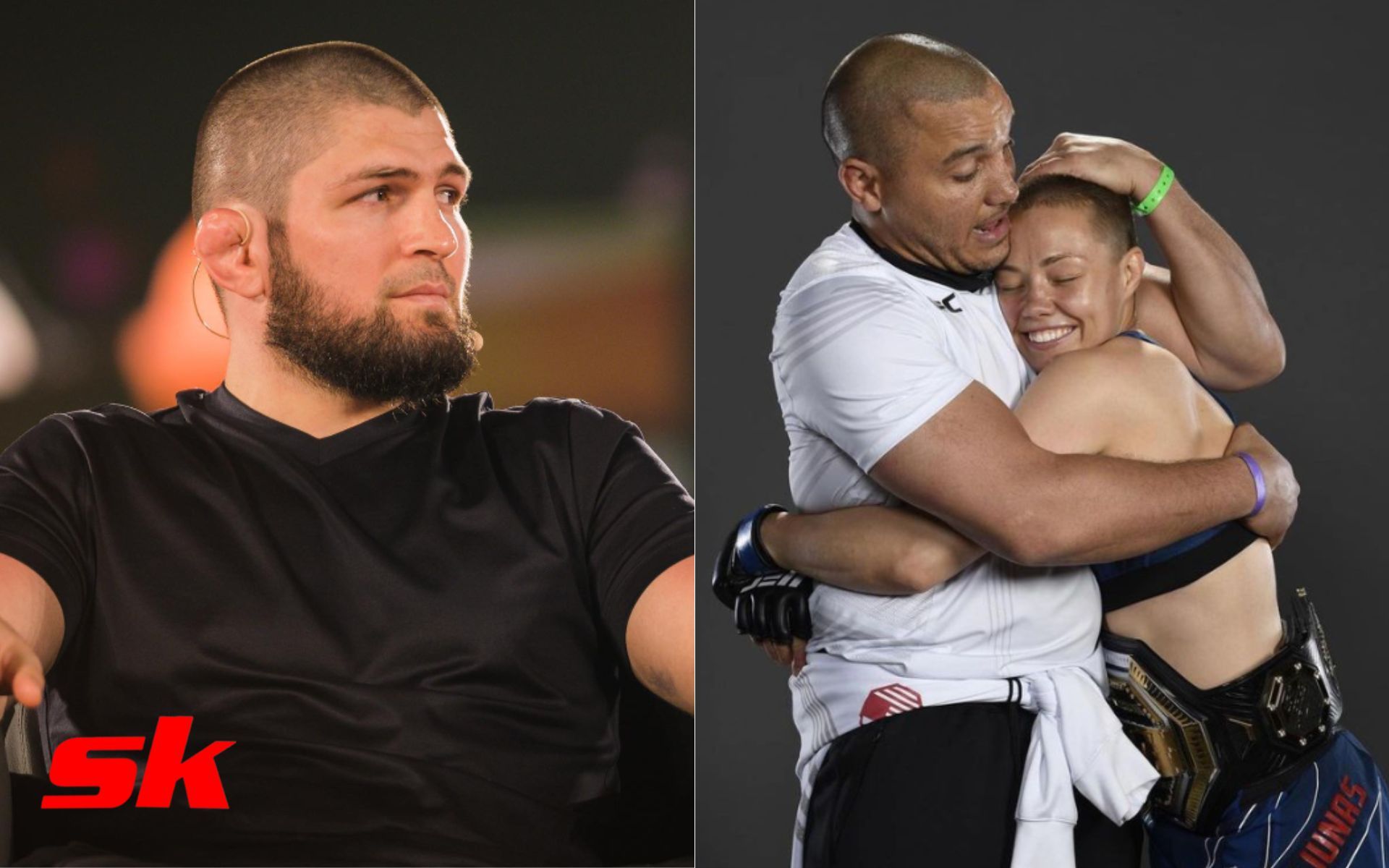 Khabib Nurmagomedov (left - via @khabib_nurmagomedov), Rose Namajunas with Pat Barry (right - via @rosenamajunas)