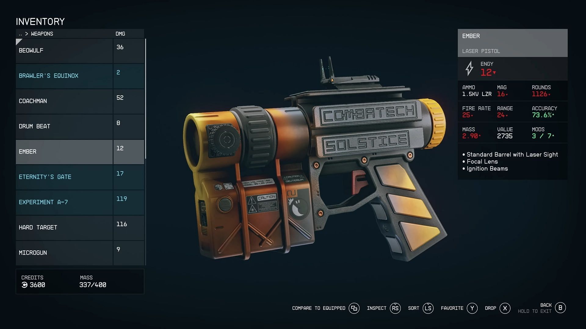 Ember laser pistol in Starfield (Image via Bethesda)