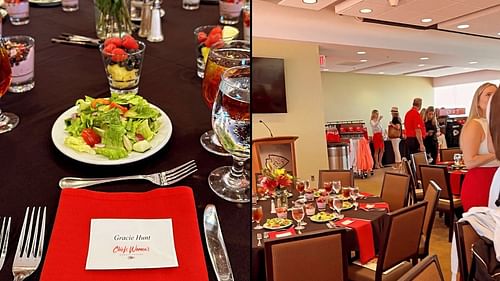 A salad that Gracie Hunt had at the "Red Wednesday" women-only luncheon, alongside her invitation and a general glimpse into the event