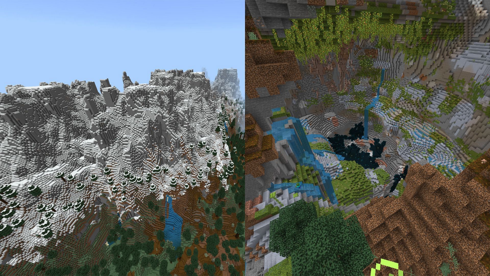 Explore the high-altitude snowy mountains, with a lush cave underneath (Image via Mojang)