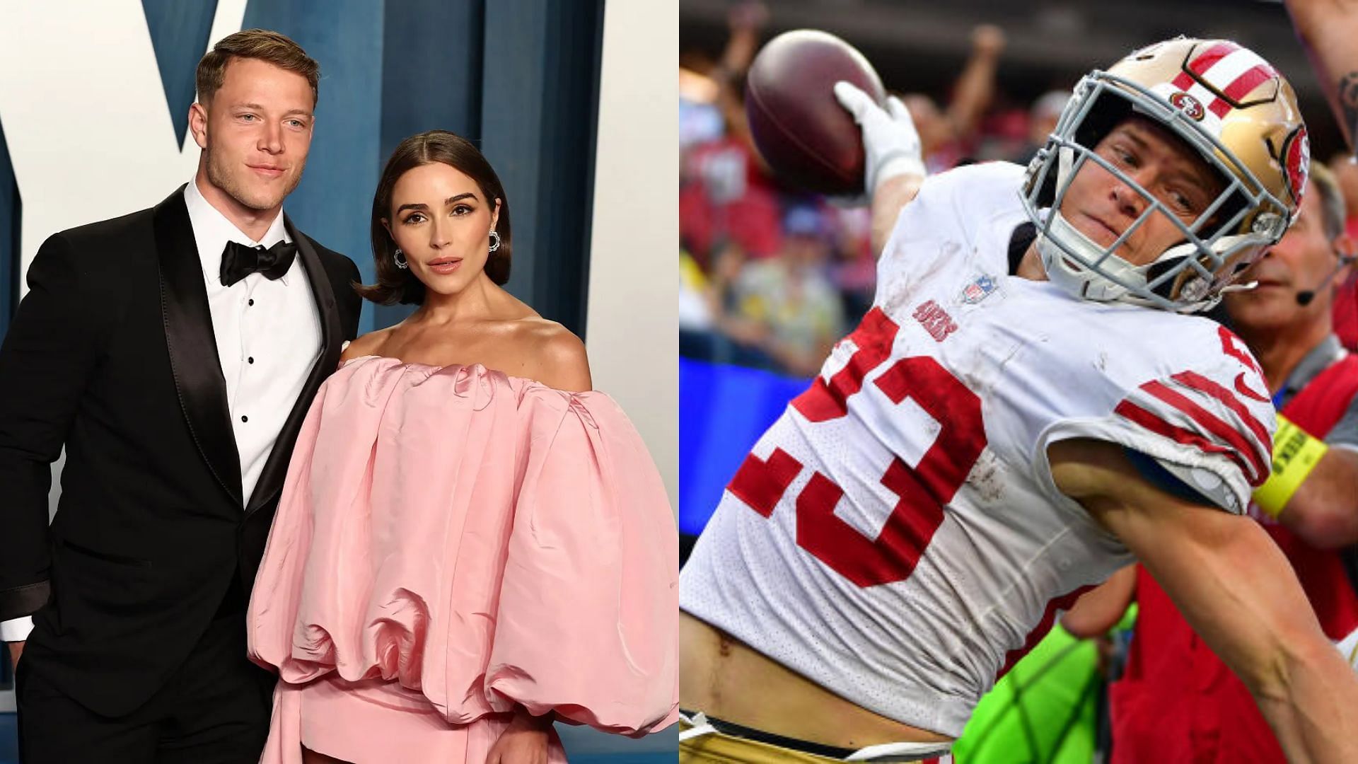 Christian McCaffrey hugs Olivia Culpo at Panthers-Rams game