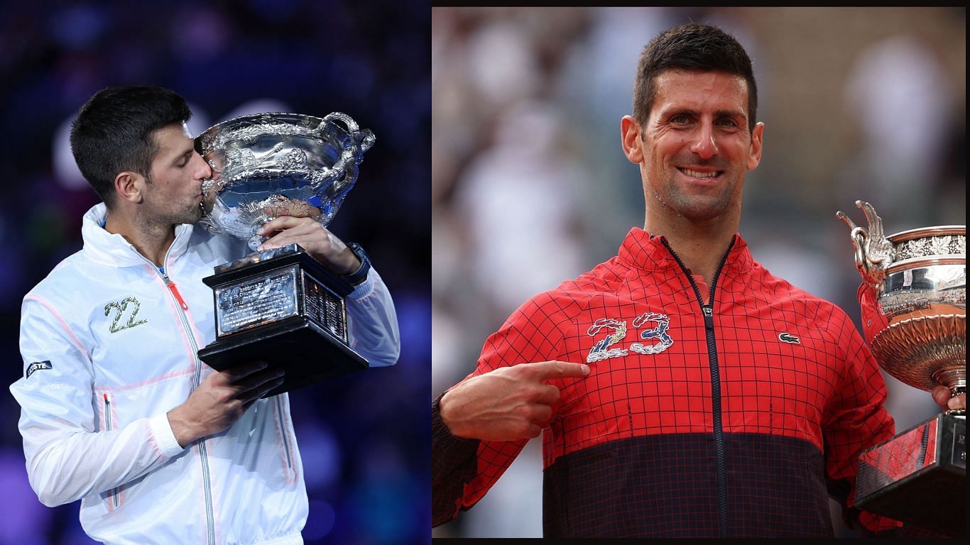 Novak Djokovic with the 2023 Australian trophy(left) and the 2023 French Open trophy(right)
