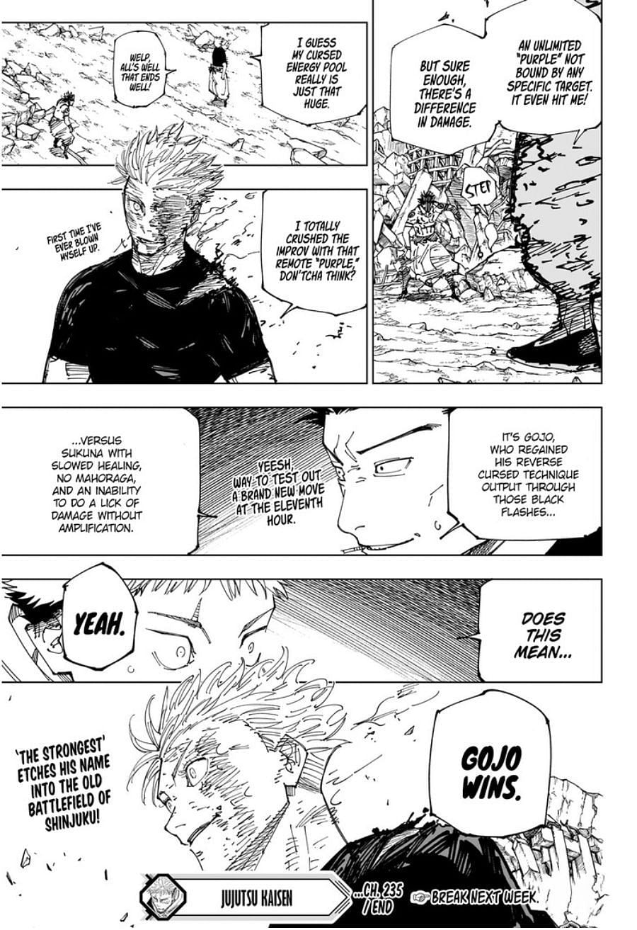 The manga panel from Jujutsu Kaisen Chapter 235 shows the narrator confirming Gojo&#039;s win against Sukuna (Image via Shueisha)