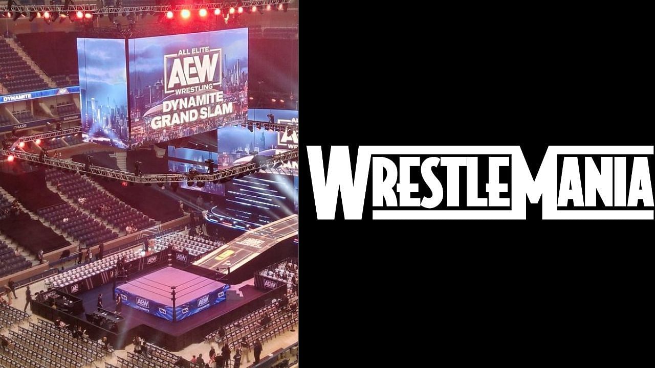 AEW Grand Slam arena (left) and WrestleMania logo (right)