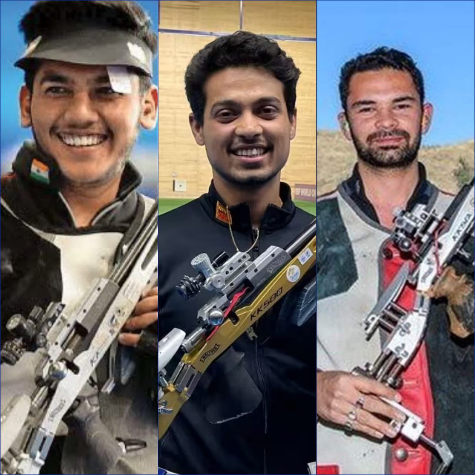 World Record Holders in 50 meter rifle team from left to right-Aishwary Pratap Singh Tomar,Swapnil Kusale and Akhil Sheoran 