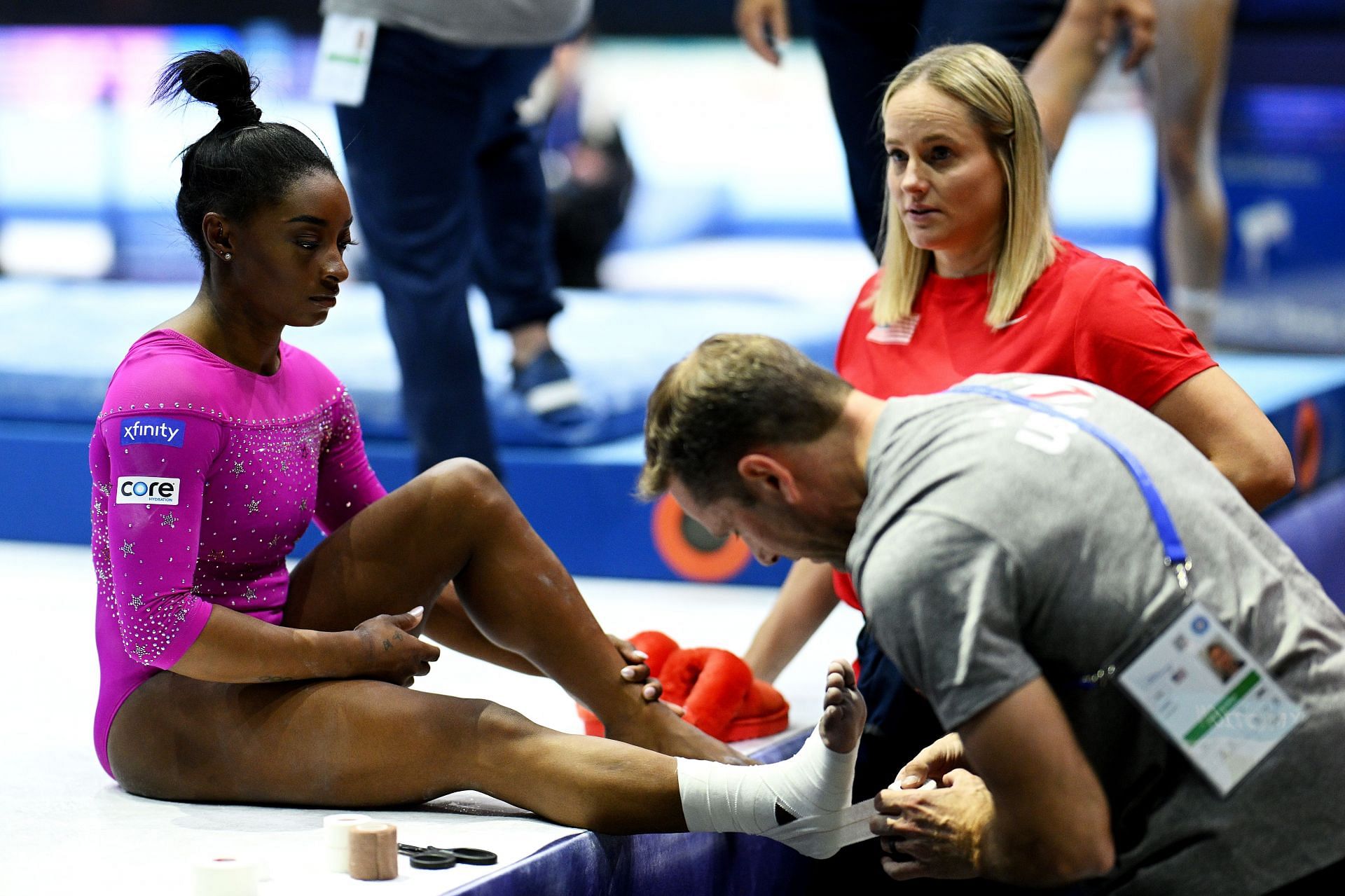 Simone Biles along with her coaches Landi Laurent and Cecile Landi during the podium training at the 2023 FIG Artistic Gymnastics World Championships in Antwerp, Belgium