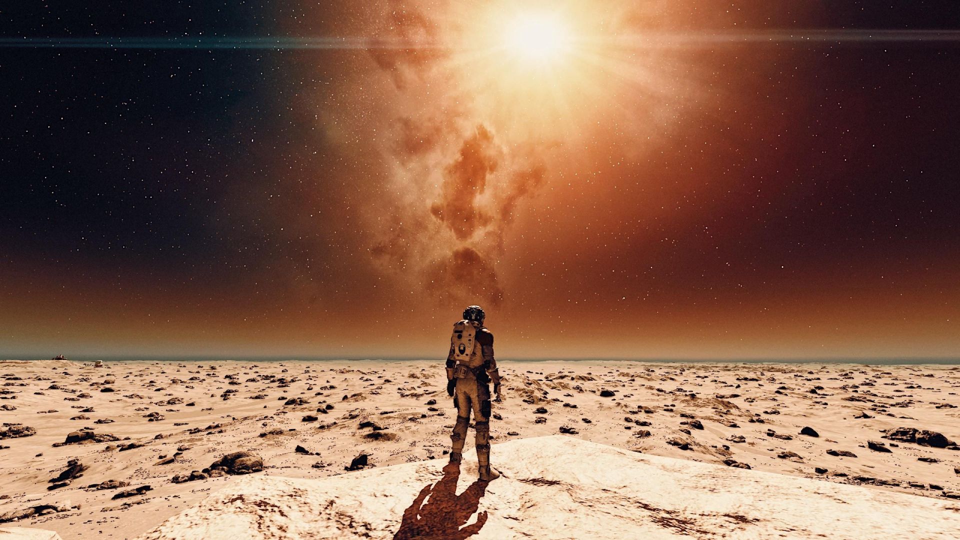 Man standing on Venus and looking out at space