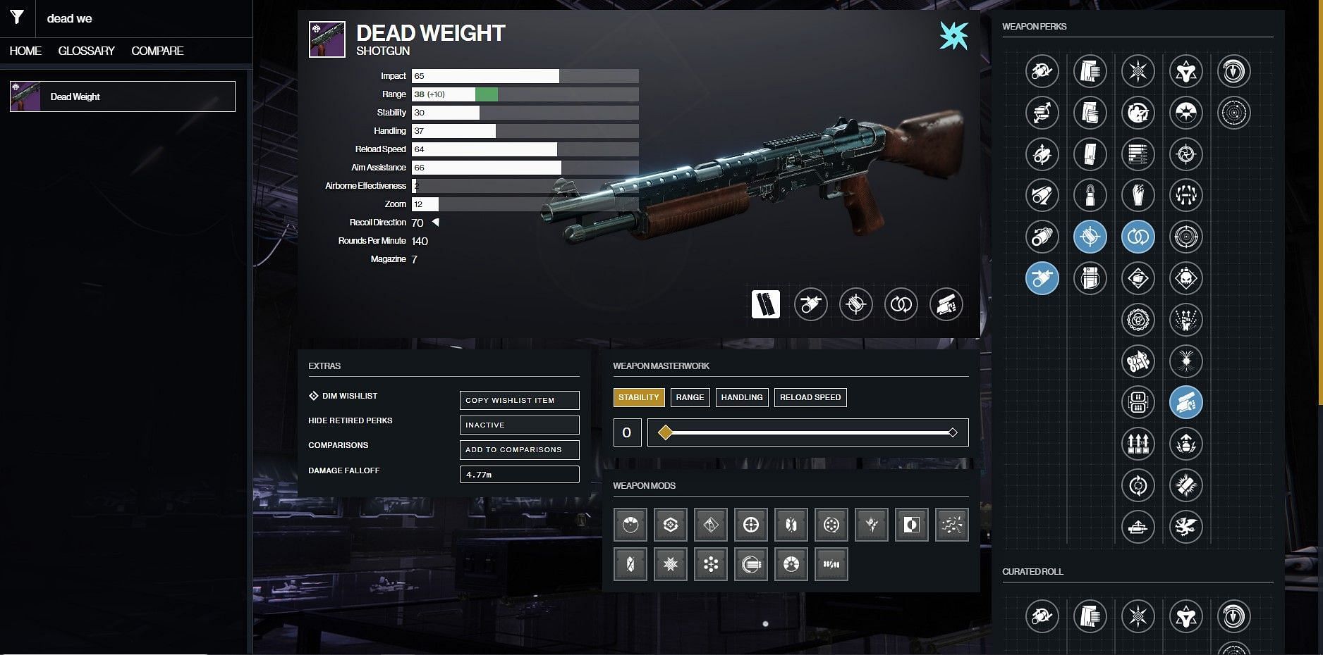 Dead Weight PvP god roll as shown in the API site (Image via D2 Gunsmith)