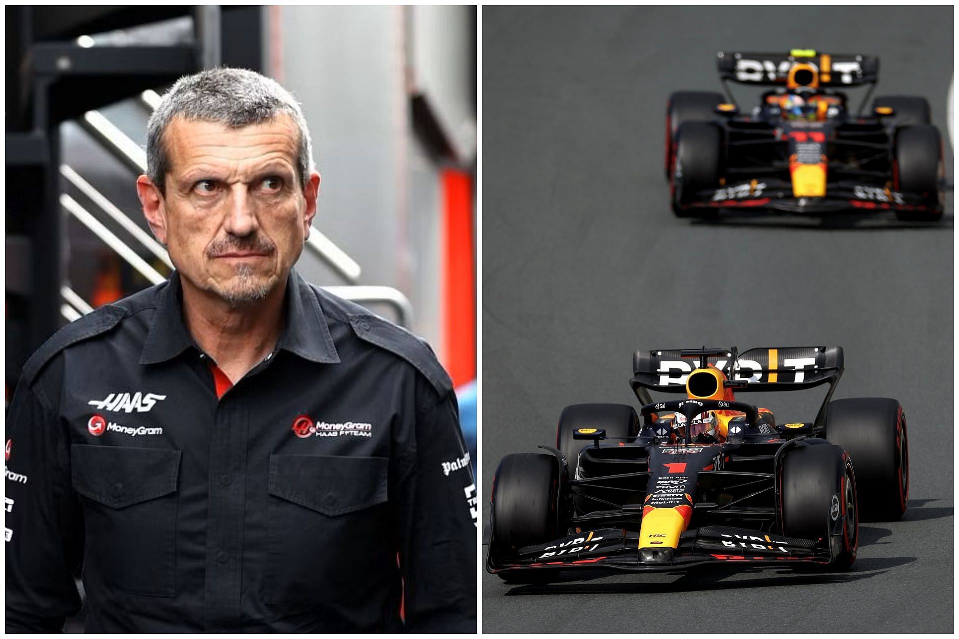 Guenther Steiner (L) and Red Bull RB19s of Max Verstappen and Sergio Perez (R) (Collage via Sportskeeda)