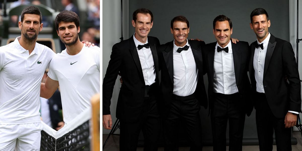 Novak Djokovic with Carlos Alcaraz (L), and with Rafael Nadal, Roger Federer and Andy Murray (R)