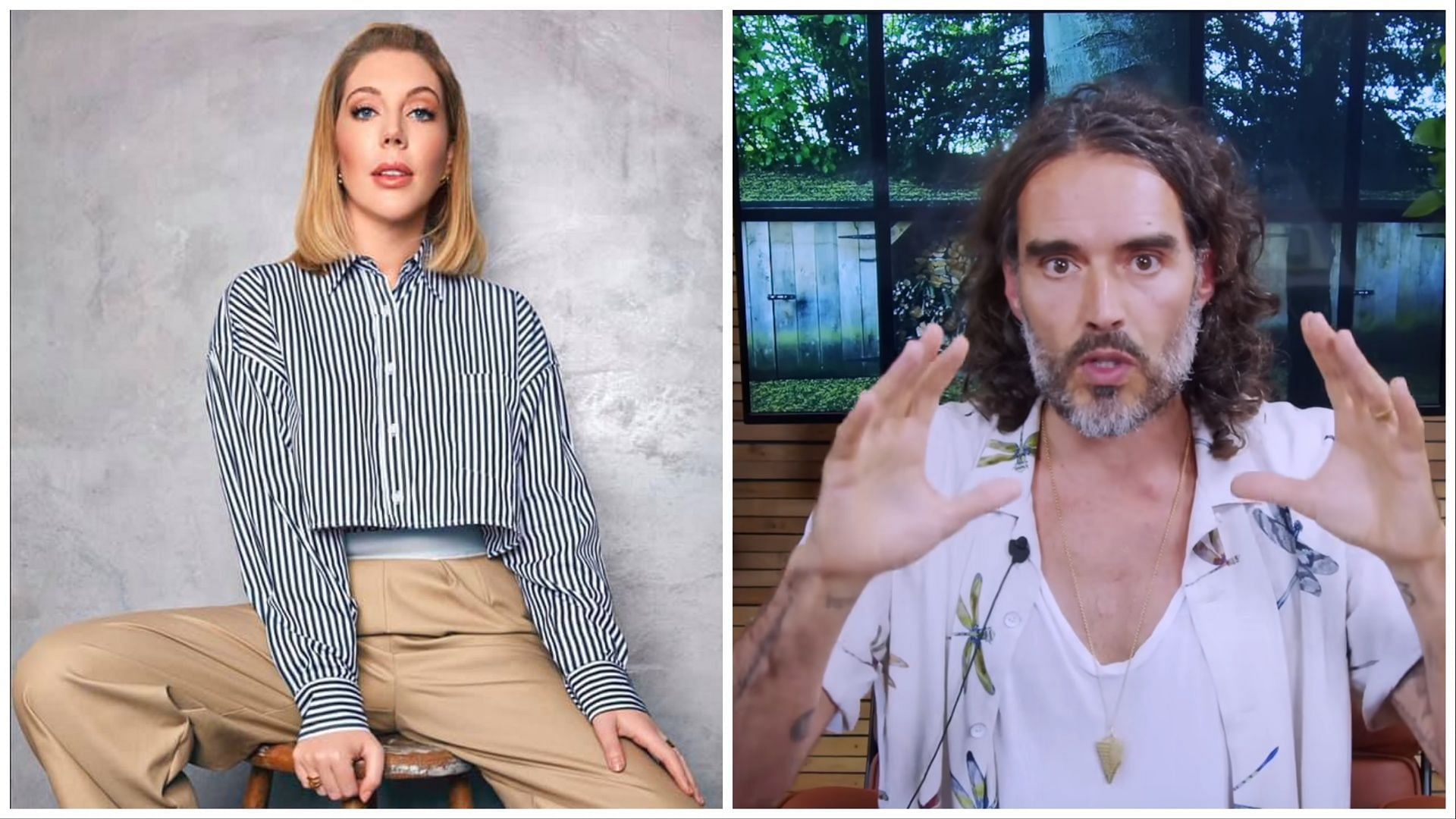 Katherine Ryan exposed Russell Brand in 2018 (Image via Facebook/Katherine Ryan, Youtube/Russell Brand)