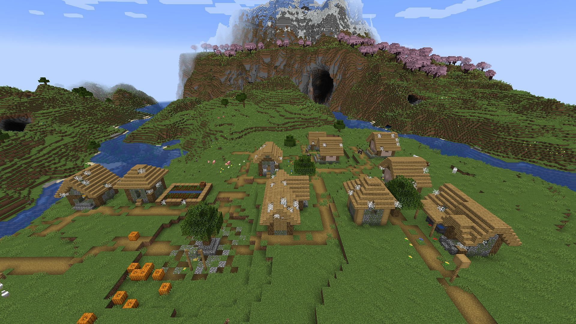 An abandoned village awaits Minecraft fans near a cherry grove biome (Image via Titi3303/Reddit)