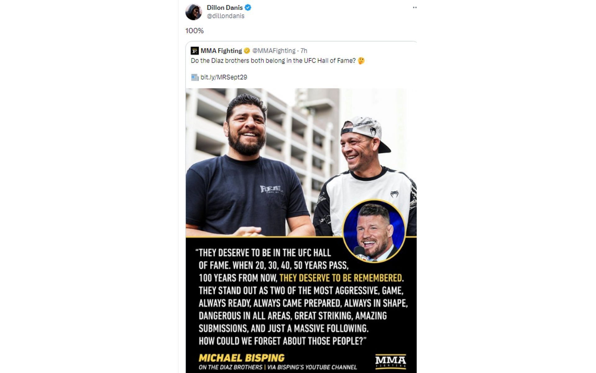 Dillon Danis&#039; tweet with regards to Michael Bisping comments about the Diaz brothers