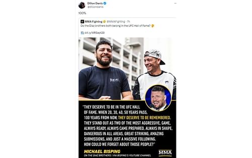 Dillon Danis' tweet with regards to Michael Bisping comments about the Diaz brothers