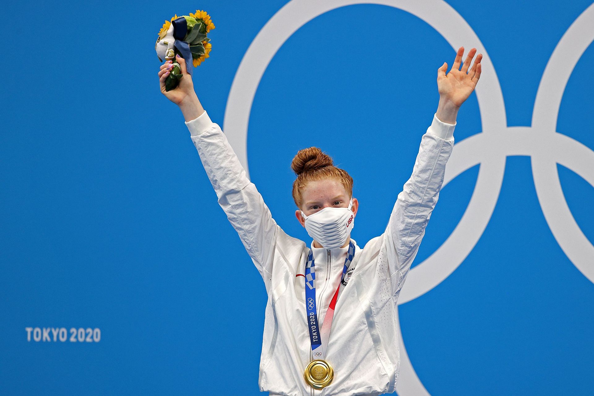 Lydia Jacoby poses after winning the gold medal in the women&#039;s 100m breaststroke finals at the 2020 Tokyo Olympics in Japan