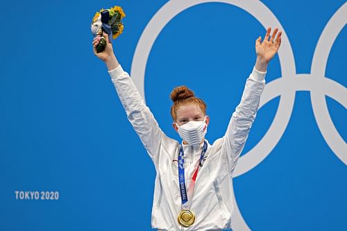 Lydia Jacoby poses after winning the gold medal in the women's 100m breaststroke finals at the 2020 Tokyo Olympics in Japan