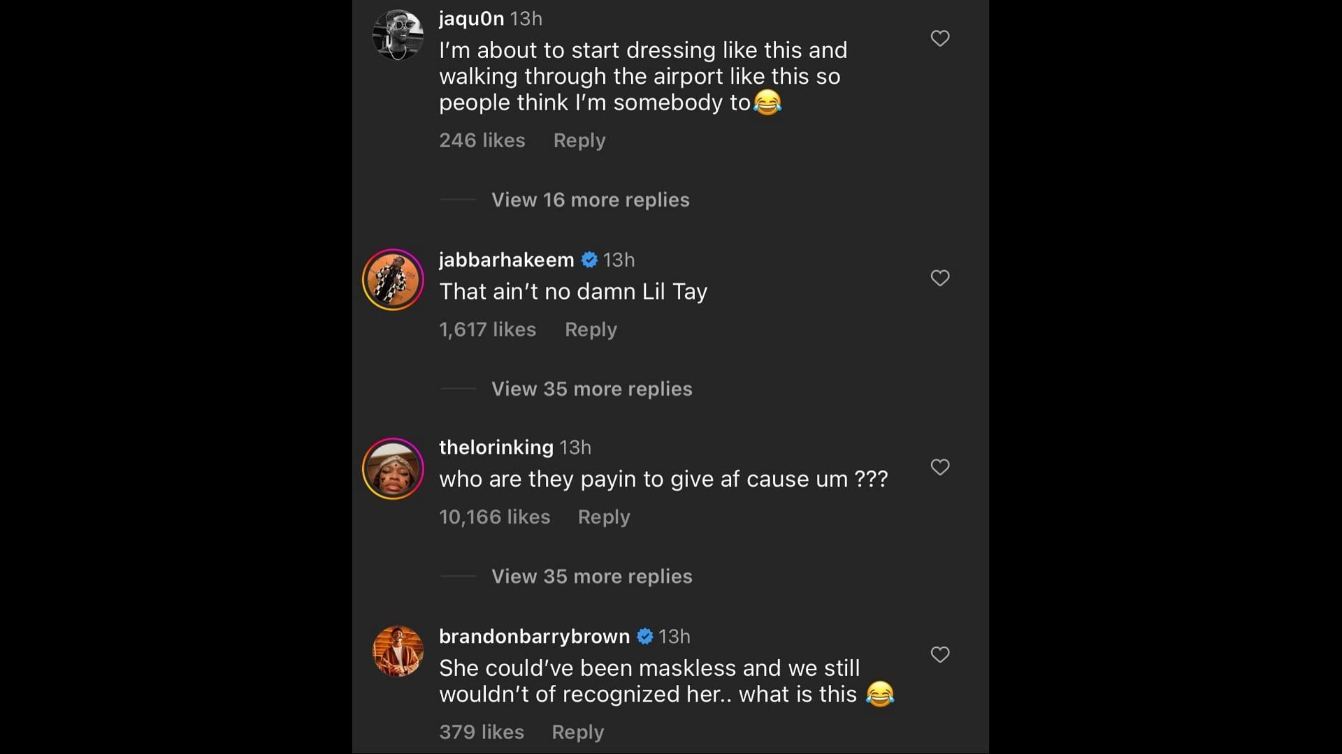 Screenshot of Internet users remarking on Tay&#039;s appearance at the Los Angeles International Airport. (Photo @theshaderoom/Instagram)