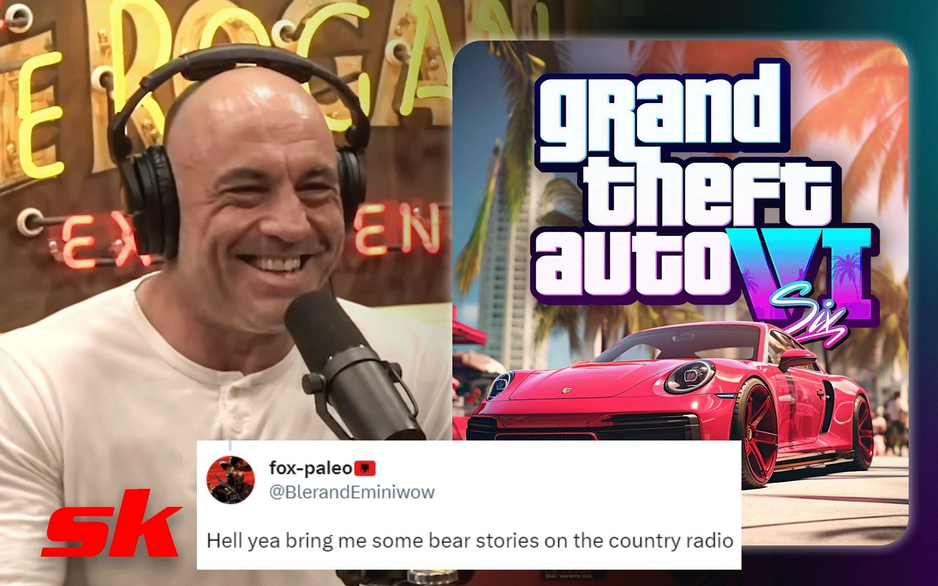 Joe Rogan (Left); a screenshot reportedly from GTA 6 (Right) [*Image courtesy: PowerfulJRE YouTube; @WatcherGuru Twitter]