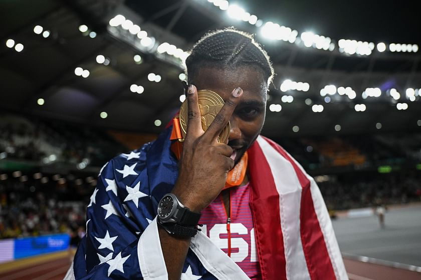 Noah Lyles' and his girlfriend Junelle Bromfield pose at Zurich Diamond