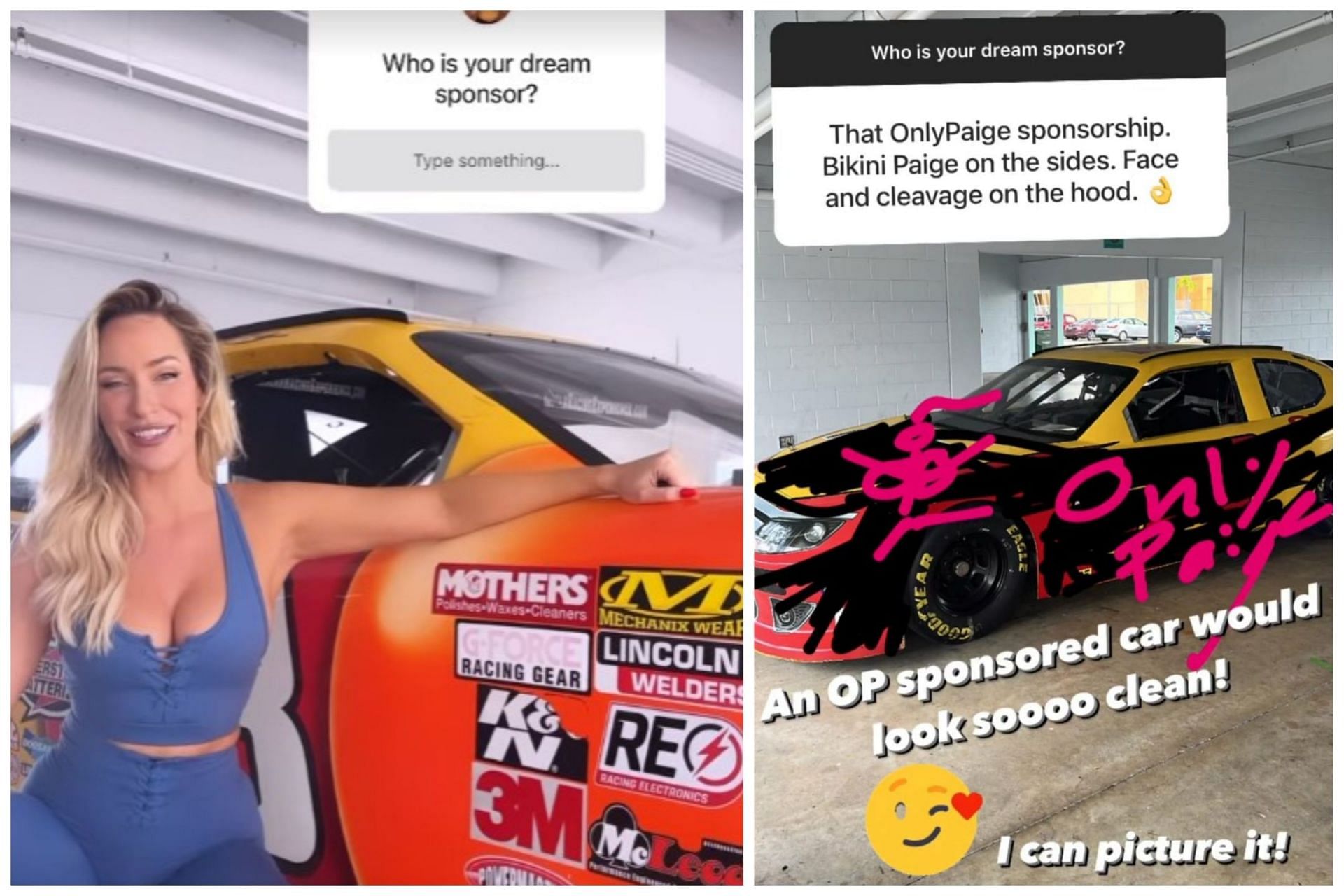 Paige Spiranac poses with the NASCAR sponsorship logos (Image via Instagram.com/_paige.renee)