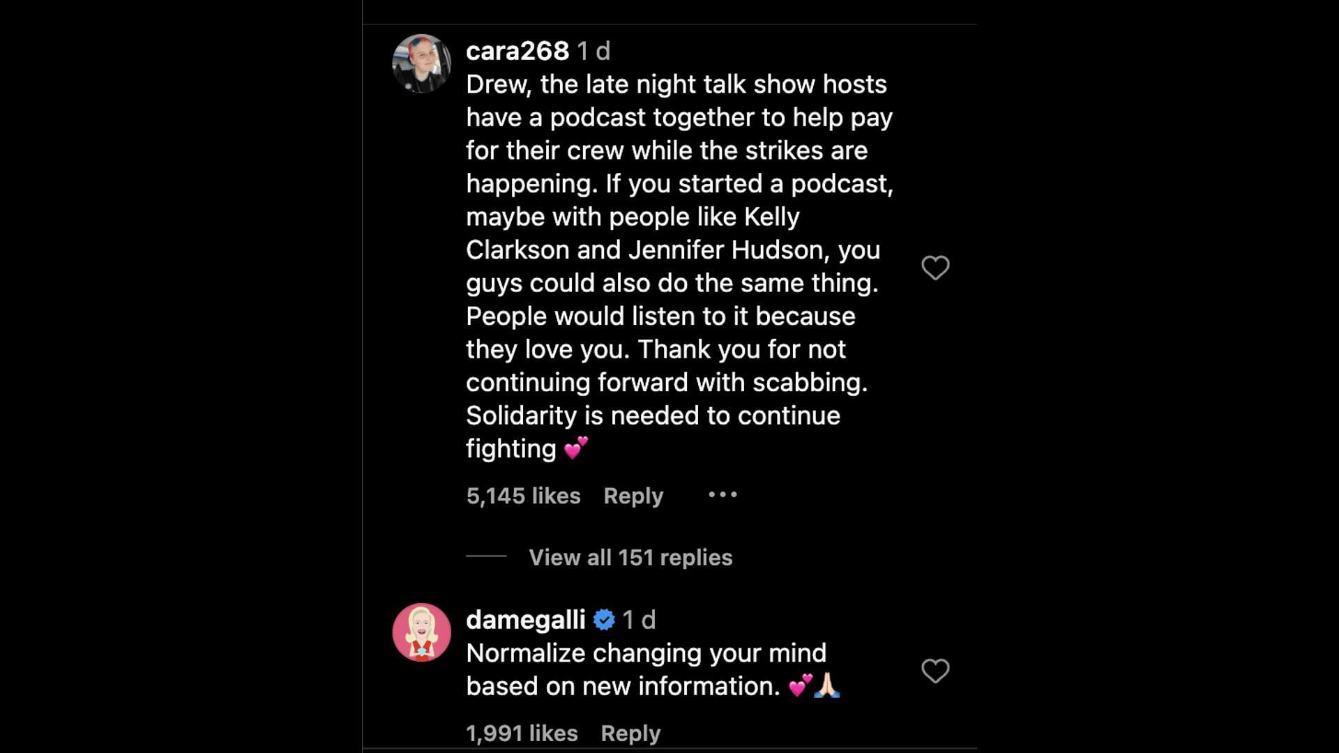 Netizens applauded Drew as she declared that she would be pausing the production of her show until the WGA strike ends. (Image via Instagram)