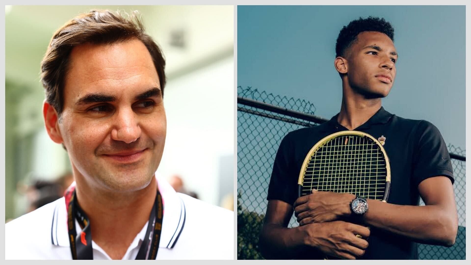 Roger Federer (L) and Felix Auger-Aliassime (R)