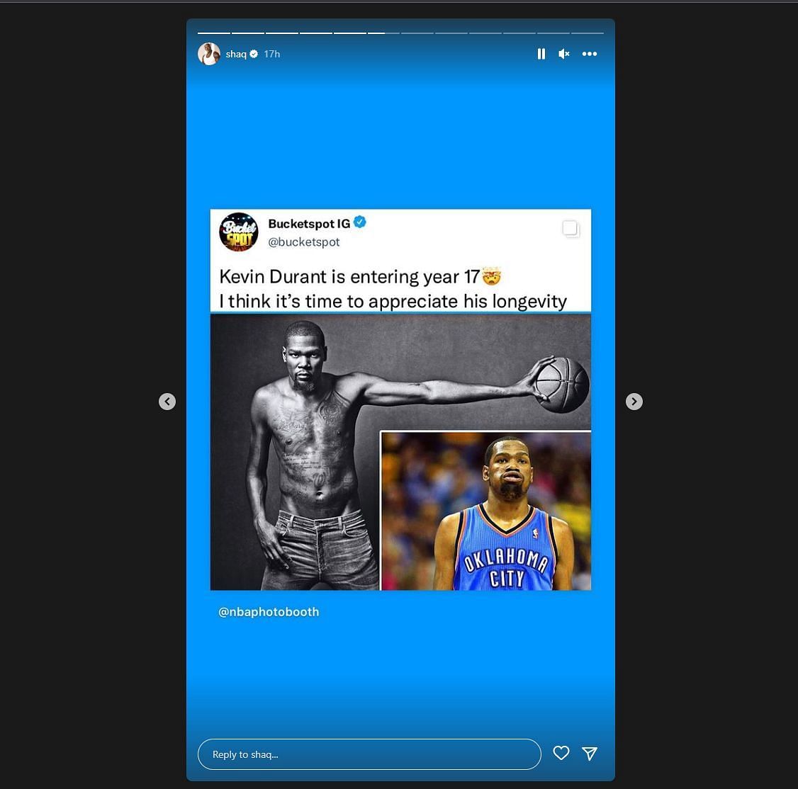 Shaquille O&#039;Neal shares a post on Kevin Durant post to Instagram.