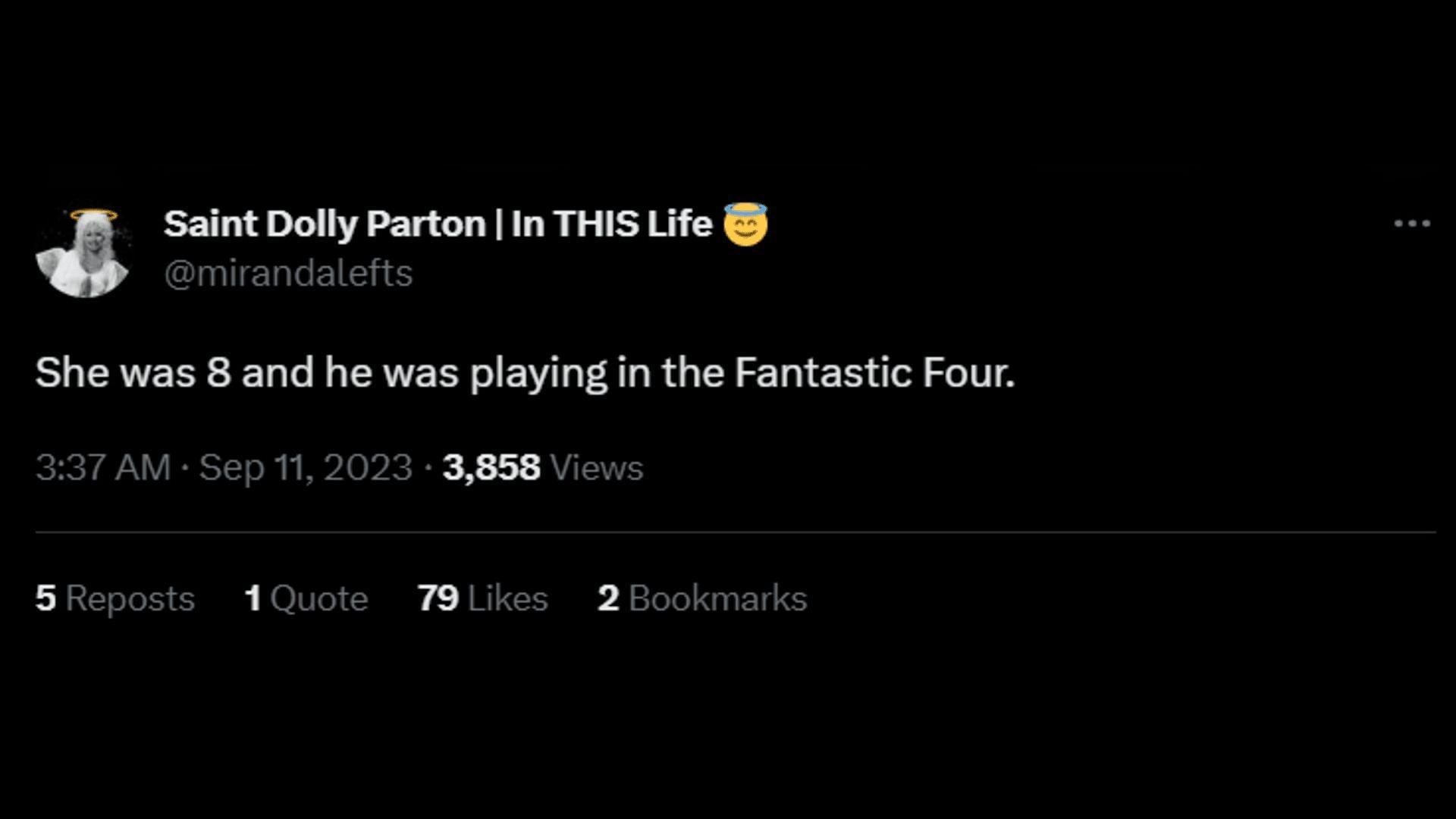 A netizen mocks Evans for allegedly marrying a woman 16 years his junior. (Image via X/Saint Dolly Parton In THIS Life)