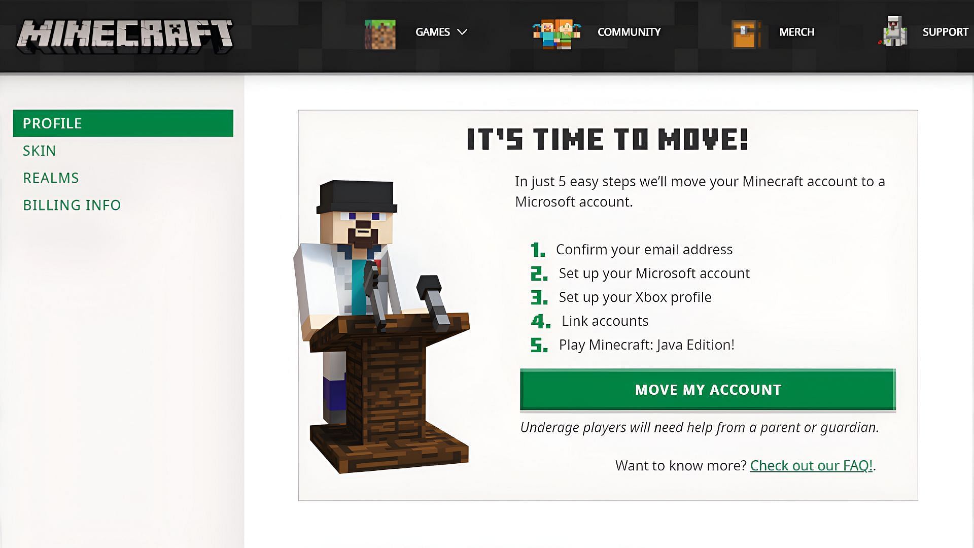 The account migration page on Minecraft.net.