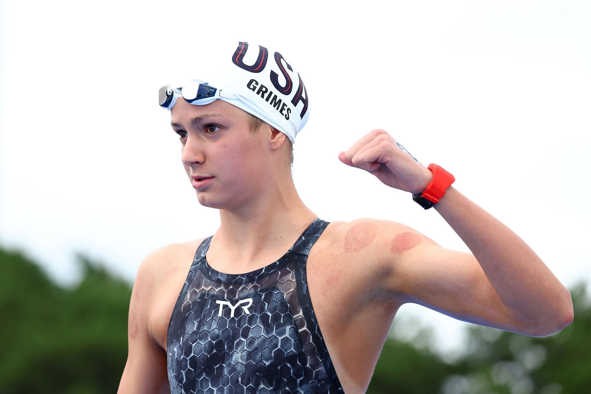 Katie Grimes prepares to compete in the Open Water 4x1500m mixed relay at the 2023 World Aquatics Championships in Fukuoka, Japan