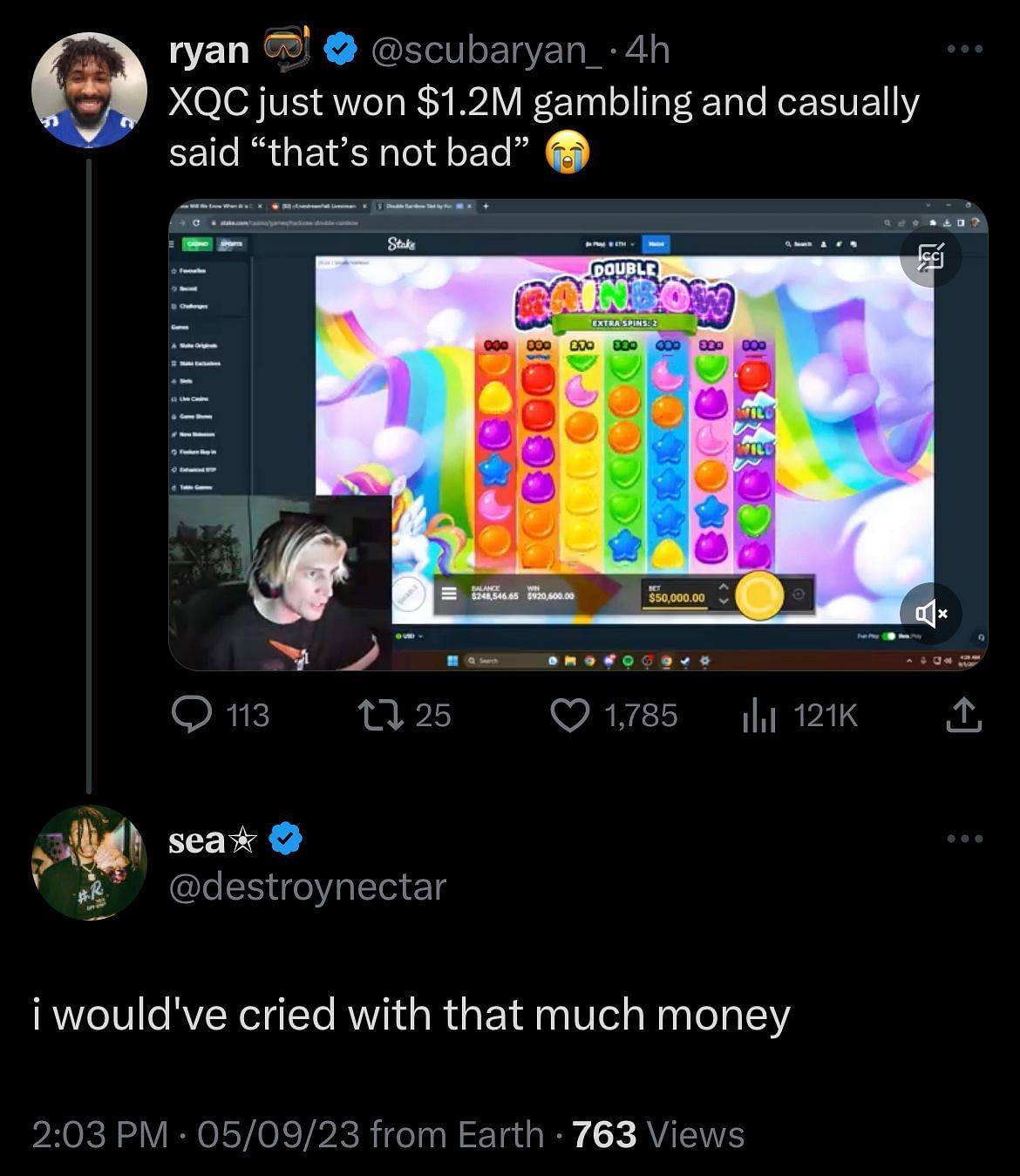 Fans react as xQc casually bags $1.2 million in Slots (Image via Twitter)