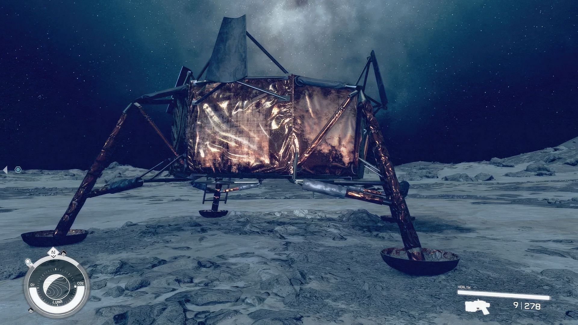 Spacecraft at the Apollo moon landing site in the game (Image via Bethesda)
