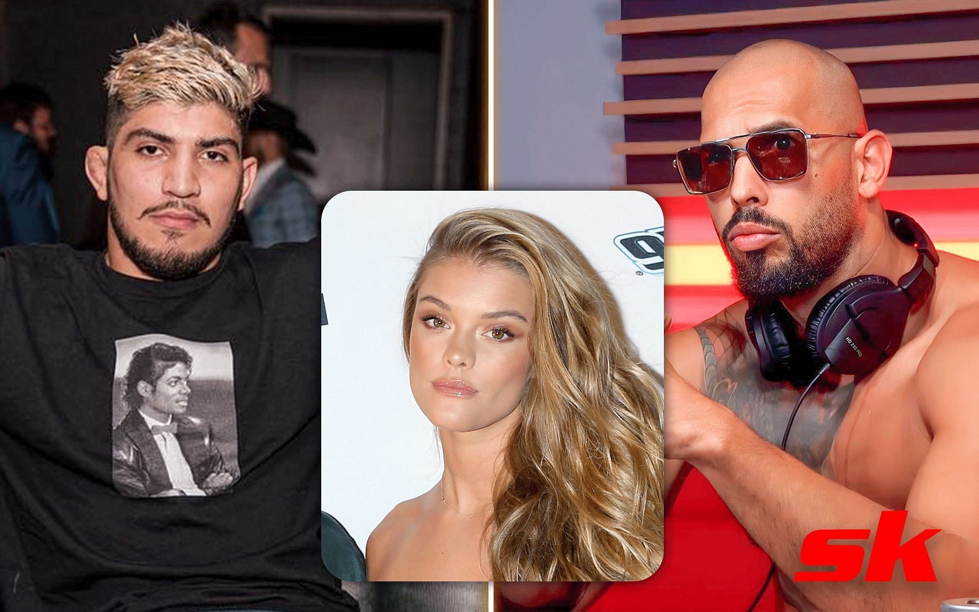 Dillon Danis, Nina Agdal and Andrew Tate [Image credits: @dillondanis on Instagram, Getty Images and @TateNews_ on Twitter] 
