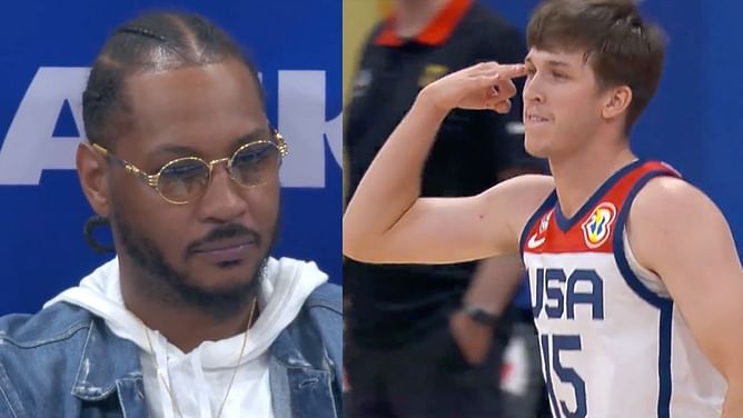 Watch: Austin Reaves salutes Carmelo Anthony in attendance with '3 to the dome' celebration at USA vs Germany