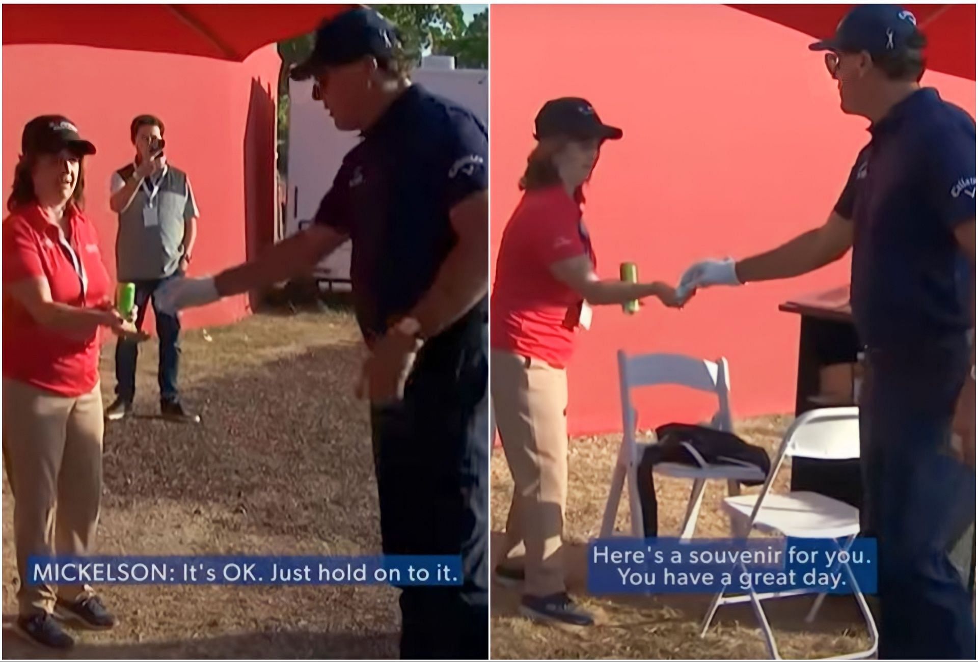 Phil Mickelson gifts a ball to PGA Tour volunteer (via YouTube/@PGATour)