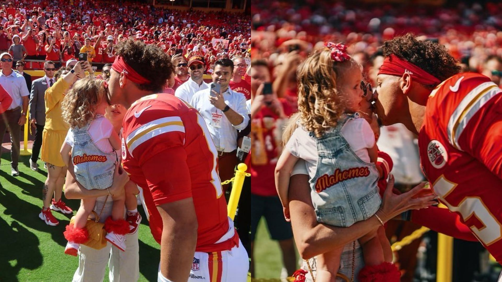 Patrick Mahomes greets Brittany and his kids on the sidelines. Image Credit: Brittany&#039;s IG (@brittanylynne)