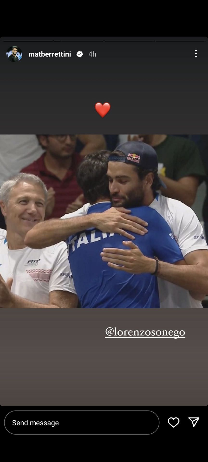 Matteo Berrettini shares a moment with Lorezo Sonego after the laters Davis Cup win