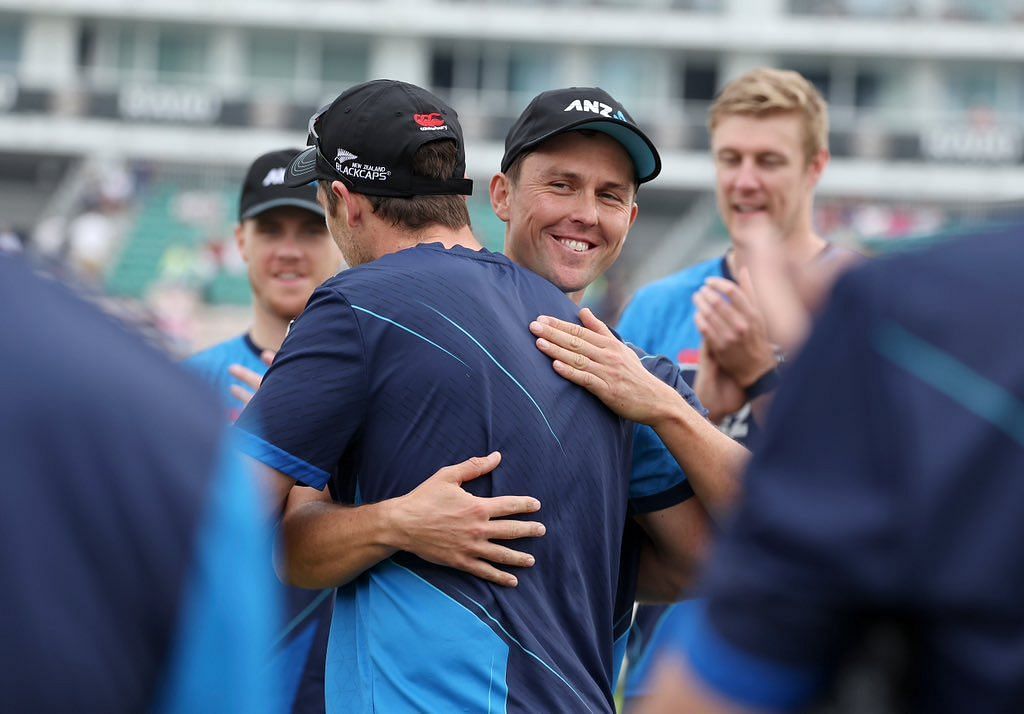 Tim Southee and Trent Boult share a hug. (Credits: Twitter)